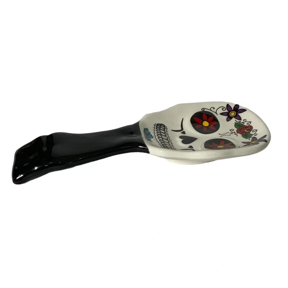Sugar Skull Spoon Rest Ceramic Hand Painted Unique Day of the Dead White Black